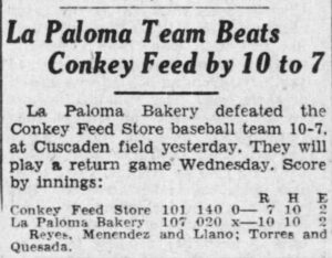 Baseball score featuring La Paloma team